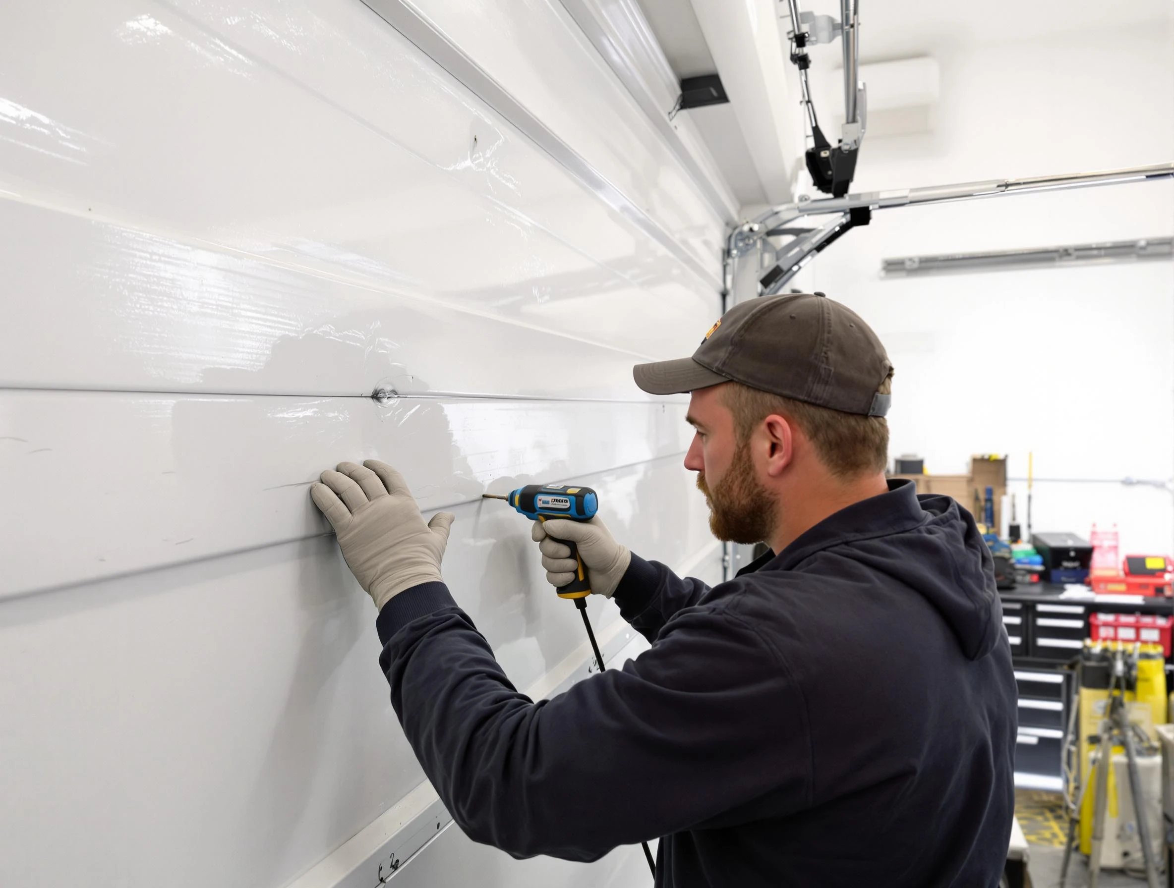 Canton Garage Door Repair technician demonstrating precision dent removal techniques on a Canton garage door